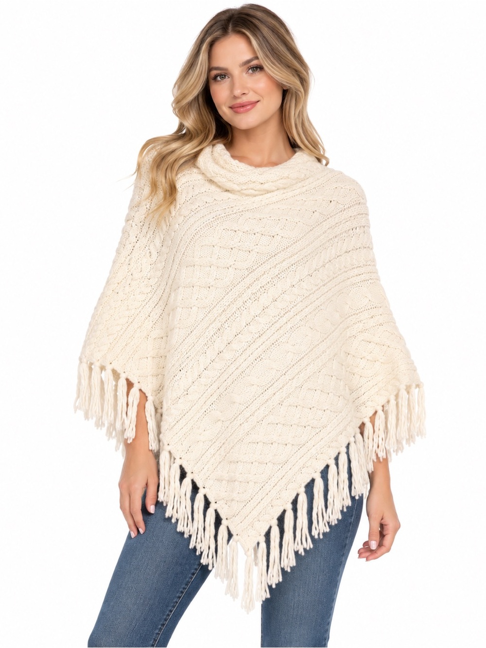 Aerie Ivory Cable Knit Fringe Poncho Cowl Neck NWT Size S/O